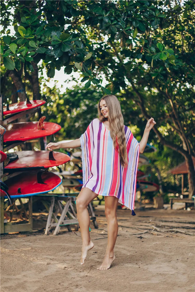 Chiffon Multicolor Stripe Beach Sun Proof Shirt with Resort Dress and Bikini Swimwear Blouse