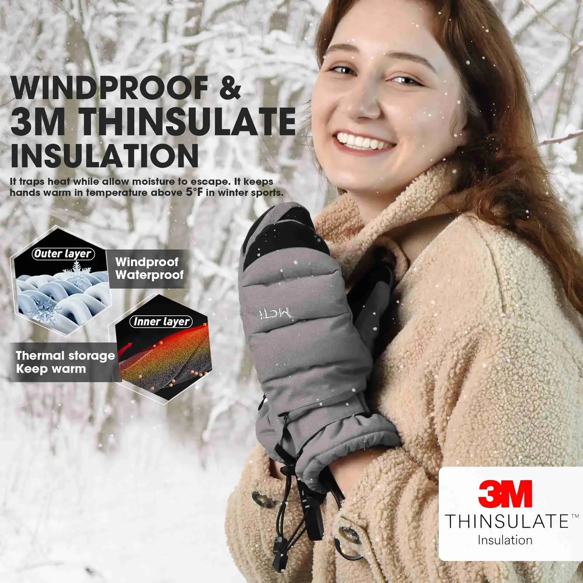 MCTi Women's Ski Mittens - Waterproof & Insulated with Zipper