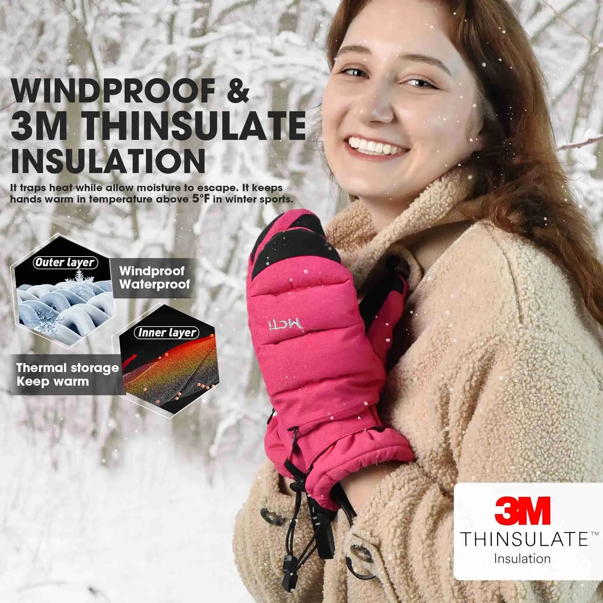 MCTi Women's Ski Mittens - Waterproof & Insulated with Zipper