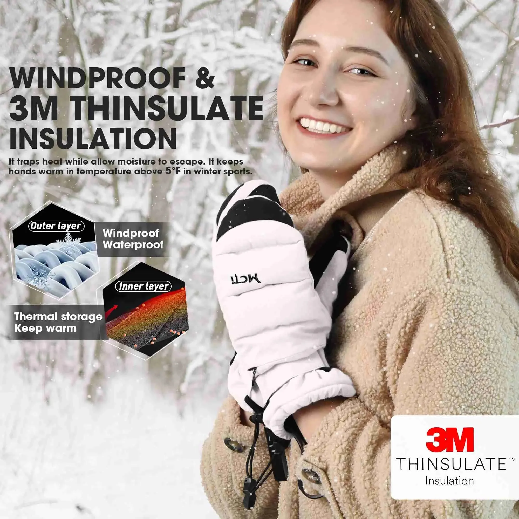 MCTi Women's Ski Mittens - Waterproof & Insulated with Zipper