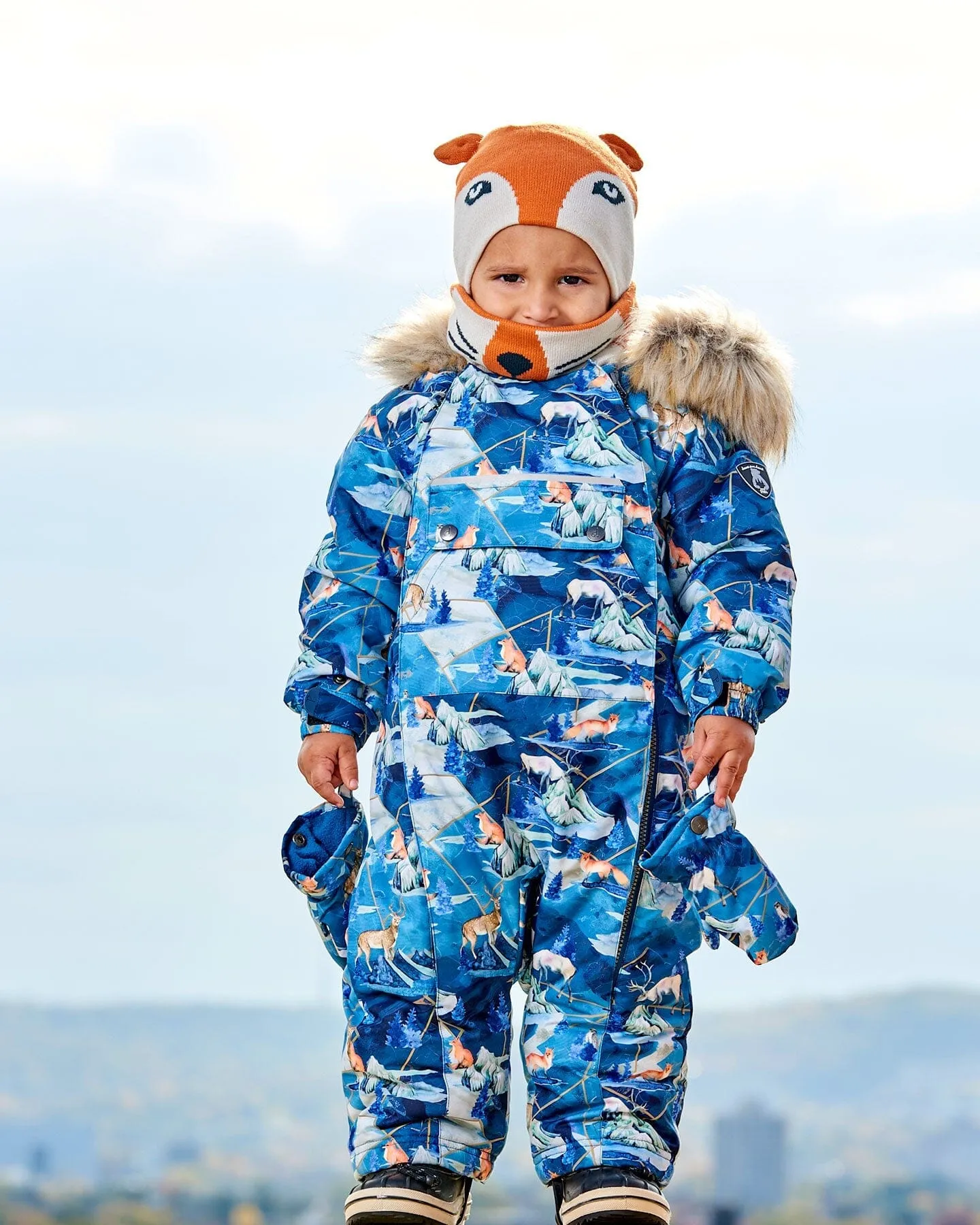 One Piece Baby Snowsuit Blue Printed Animals And Glaciers Designed For Car Seat