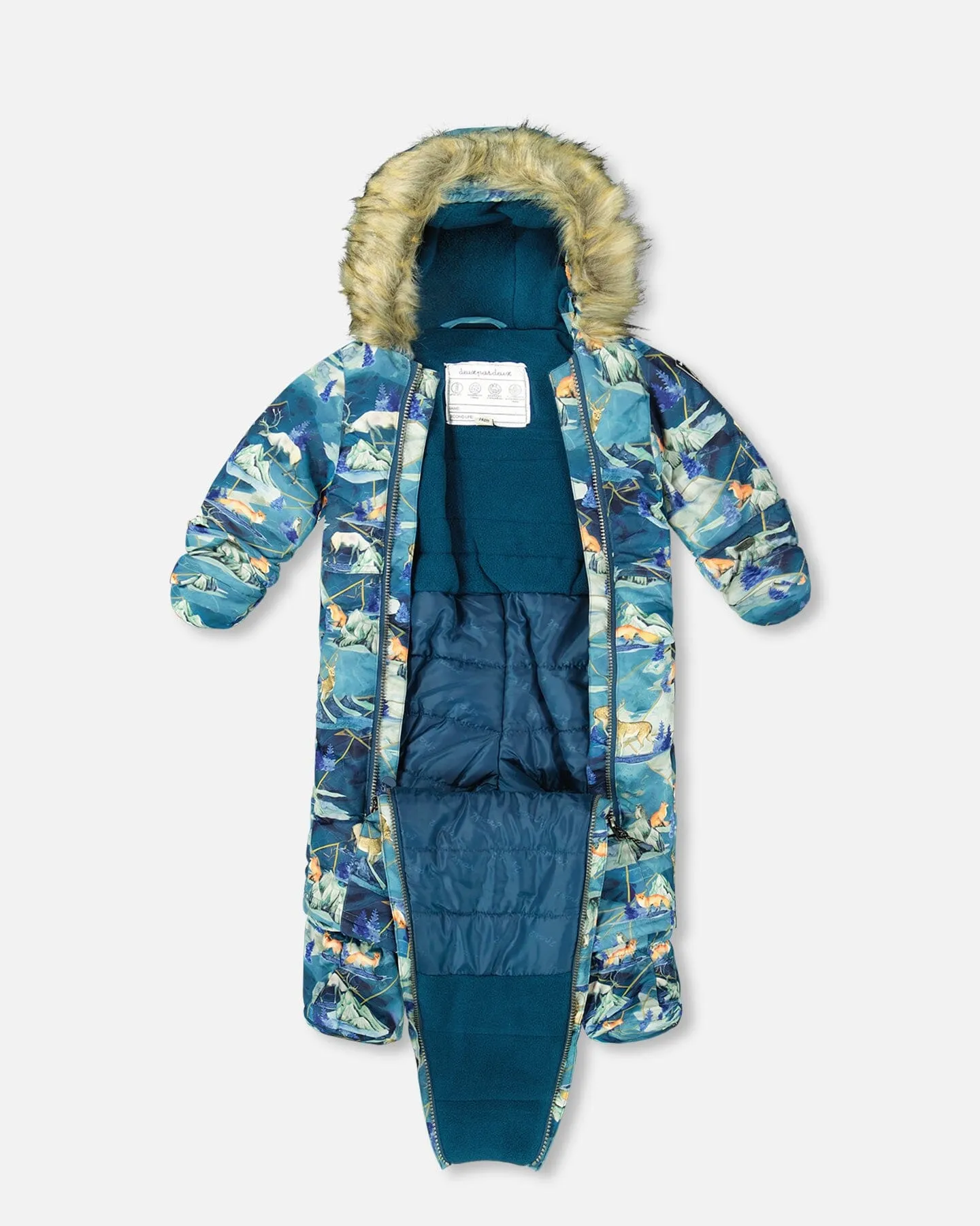 One Piece Baby Snowsuit Blue Printed Animals And Glaciers Designed For Car Seat