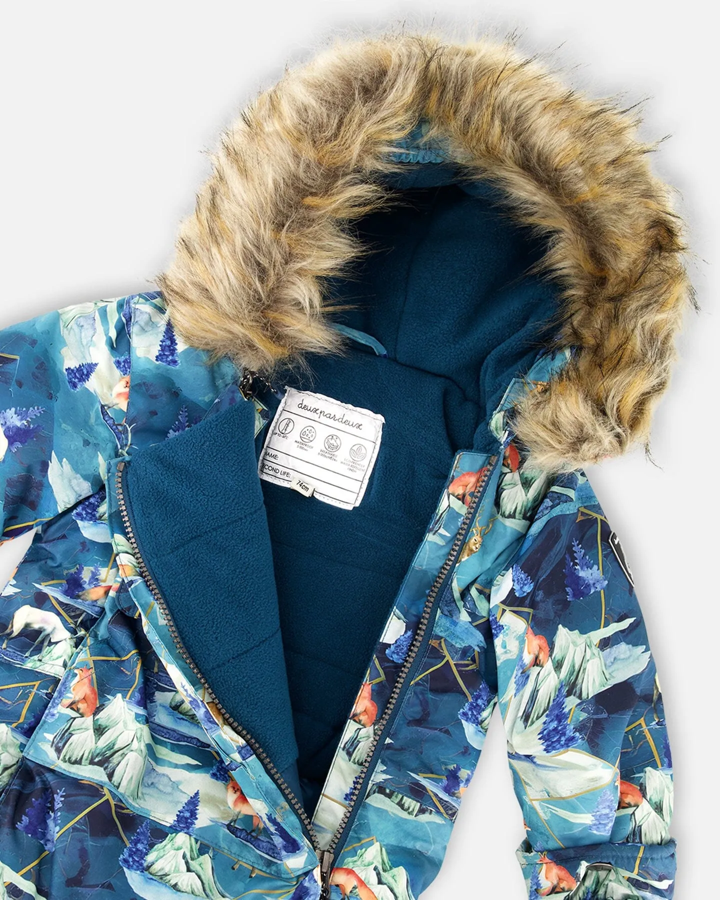 One Piece Baby Snowsuit Blue Printed Animals And Glaciers Designed For Car Seat