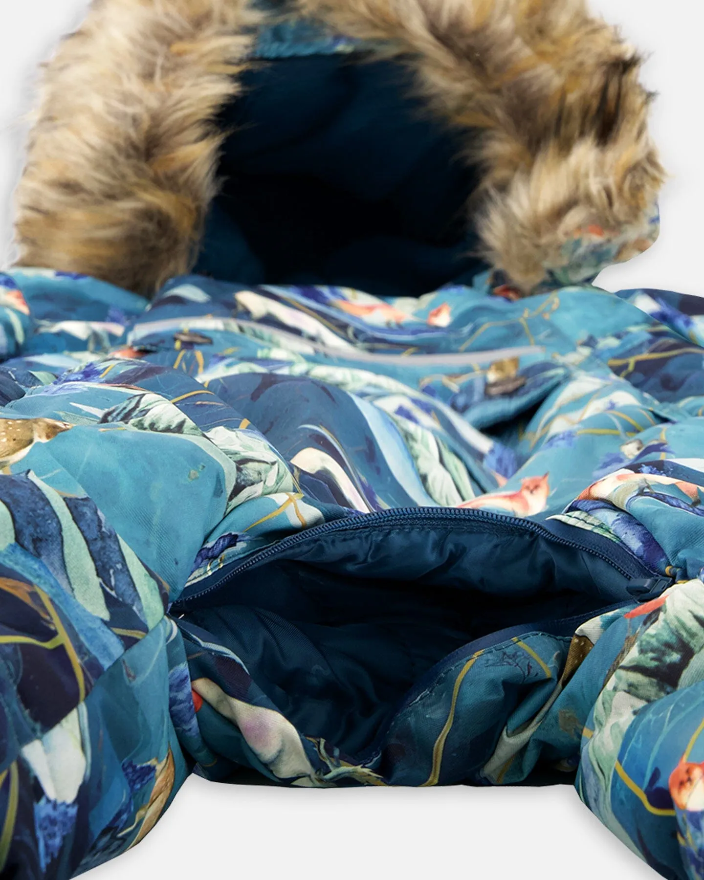 One Piece Baby Snowsuit Blue Printed Animals And Glaciers Designed For Car Seat
