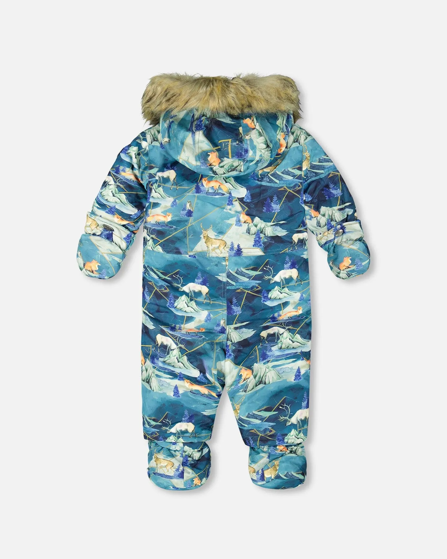 One Piece Baby Snowsuit Blue Printed Animals And Glaciers Designed For Car Seat